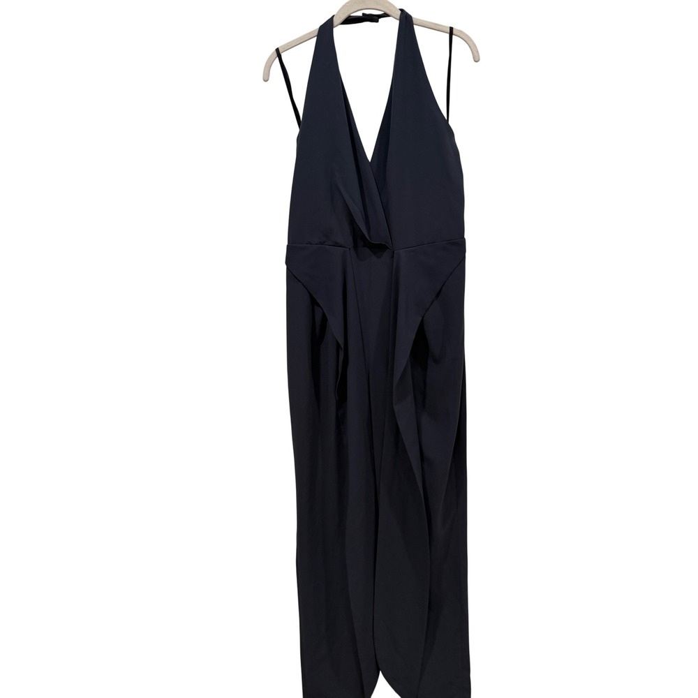 Halston Heritage Slate Gray Blue Halter Drape Wide Leg Jumpsuit Size 8‎